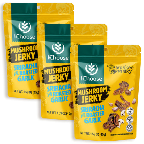 Muskee Musky Mushroom Jerky Sriracha & Roasted Garlic, Vegan, 45g