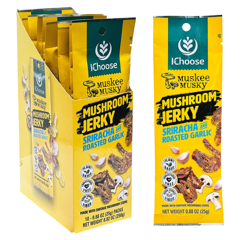 Muskee Musky Sriracha and Roasted Garlic Mushroom Jerky, Vegan, 10 Pack
