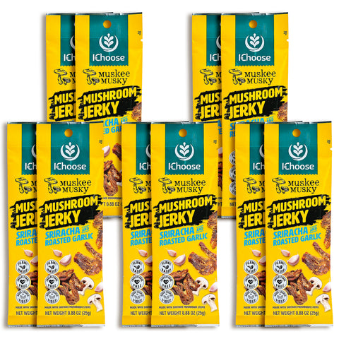 Muskee Musky Sriracha and Roasted Garlic Mushroom Jerky, Vegan, 10 Pack