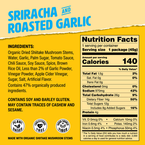 Muskee Musky Mushroom Jerky Sriracha & Roasted Garlic, Vegan, 45g