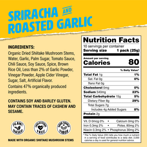 Muskee Musky Sriracha and Roasted Garlic Mushroom Jerky, Vegan, 10 Pack