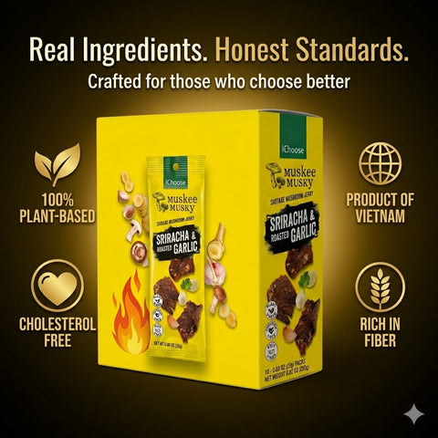 IChoose Muskee Musky Sriracha & Roasted Garlic Shiitake Mushroom Jerky, Vegan Plant-Based Mushroom Snack, Cholesterol Free, Rich in Fiber, Beef Jerky Alternative, 10 Individual Packs, 0.88 oz (25g) Each