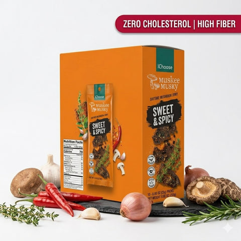 IChoose Muskee Musky Sweet & Spicy Shiitake Mushroom Jerky, Vegan Plant-Based Mushroom Snack, Cholesterol Free, Rich in Fiber, Beef Jerky Alternative, 10 Individual Packs, 0.88 oz (25g) Each
