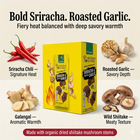 IChoose Muskee Musky Sriracha & Roasted Garlic Shiitake Mushroom Jerky, Vegan Plant-Based Mushroom Snack, Cholesterol Free, Rich in Fiber, Beef Jerky Alternative, 10 Individual Packs, 0.88 oz (25g) Each