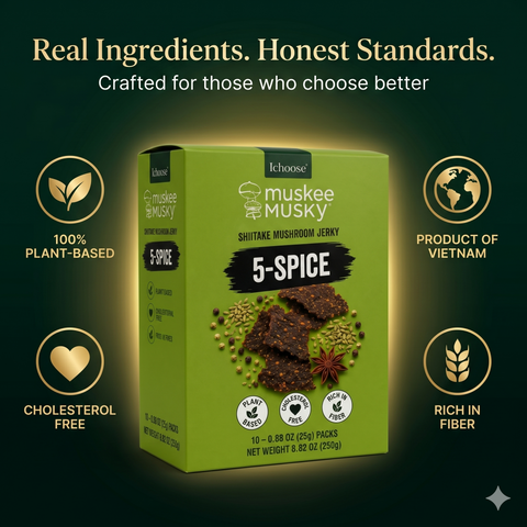 IChoose Muskee Musky 5-Spice Shiitake Mushroom Jerky, Vegan Plant-Based Mushroom Snack, Cholesterol Free, Rich in Fiber, Beef Jerky Alternative, 10 Individual Packs, 0.88 oz (25g) Each