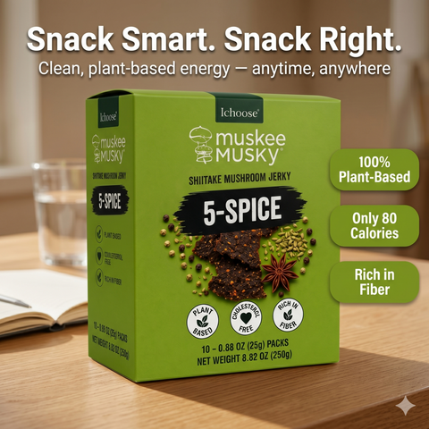 IChoose Muskee Musky 5-Spice Shiitake Mushroom Jerky, Vegan Plant-Based Mushroom Snack, Cholesterol Free, Rich in Fiber, Beef Jerky Alternative, 10 Individual Packs, 0.88 oz (25g) Each