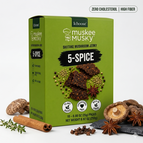 IChoose Muskee Musky 5-Spice Shiitake Mushroom Jerky, Vegan Plant-Based Mushroom Snack, Cholesterol Free, Rich in Fiber, Beef Jerky Alternative, 10 Individual Packs, 0.88 oz (25g) Each