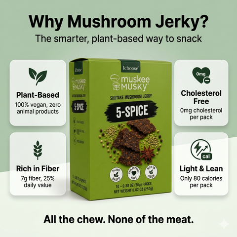 IChoose Muskee Musky 5-Spice Shiitake Mushroom Jerky, Vegan Plant-Based Mushroom Snack, Cholesterol Free, Rich in Fiber, Beef Jerky Alternative, 10 Individual Packs, 0.88 oz (25g) Each