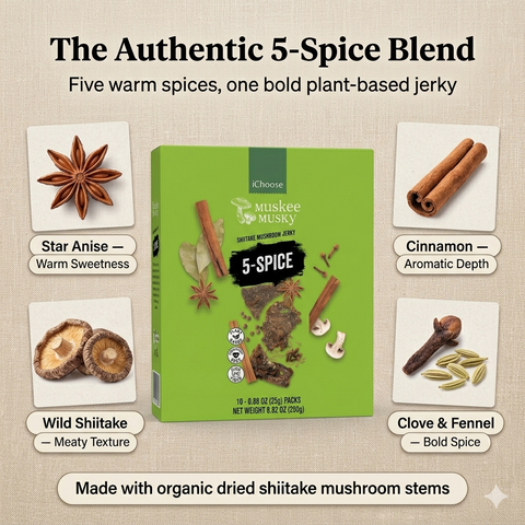 IChoose Muskee Musky 5-Spice Shiitake Mushroom Jerky, Vegan Plant-Based Mushroom Snack, Cholesterol Free, Rich in Fiber, Beef Jerky Alternative, 10 Individual Packs, 0.88 oz (25g) Each