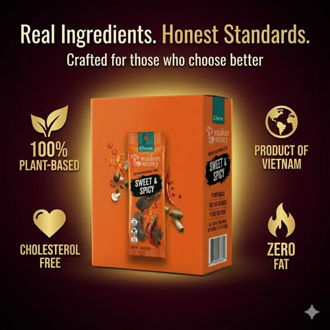 IChoose Muskee Musky Sweet & Spicy Shiitake Mushroom Jerky, Vegan Plant-Based Mushroom Snack, Cholesterol Free, Rich in Fiber, Beef Jerky Alternative, 10 Individual Packs, 0.88 oz (25g) Each
