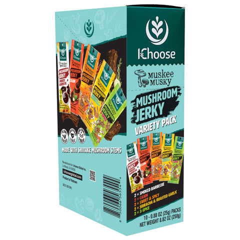 Muskee Musky Mushroom Jerky Variety Pack, Party Mix Box of 10 (2 Each Flavor), 0.88 oz (25g) Packs, Plant-Based Snack