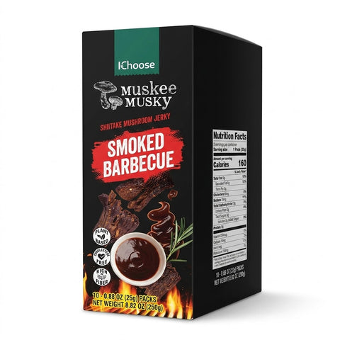 IChoose Muskee Musky Smoked Barbecue Shiitake Mushroom Jerky, Vegan Plant-Based Mushroom Snack, Cholesterol Free, Rich in Fiber, Beef Jerky Alternative, 10 Individual Packs, 0.88 oz (25g) Each