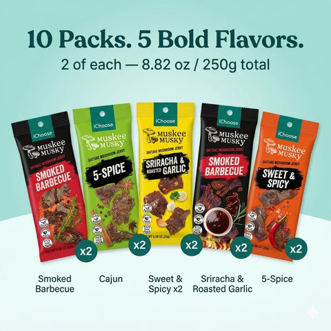 IChoose Muskee Musky Shiitake Mushroom Jerky Variety Pack, 5 Flavor Mix, Vegan Plant-Based Mushroom Jerky Snack, Cholesterol Free, Rich in Fiber, 10 Individual Packs, 8.82 oz (250g) Total