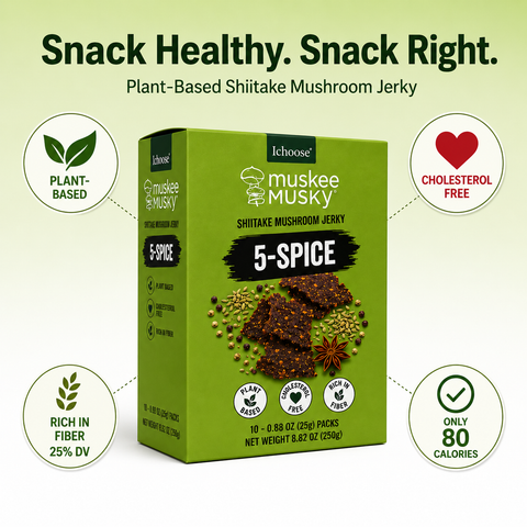 IChoose Muskee Musky 5-Spice Shiitake Mushroom Jerky, Vegan Plant-Based Mushroom Snack, Cholesterol Free, Rich in Fiber, Beef Jerky Alternative, 10 Individual Packs, 0.88 oz (25g) Each