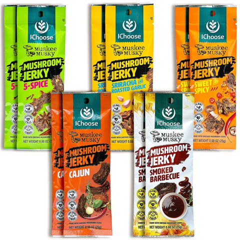 Muskee Musky Mushroom Jerky Variety Pack, Party Mix Box of 10 (2 Each Flavor), 0.88 oz (25g) Packs, Plant-Based Snack