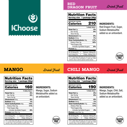 IChoose Go Fruits Dried Fruit Variety Pack, 5 Pack (2 Mango, 1 Spicy Mango, 2 Red Dragon Fruit), 2 oz (56g) Each