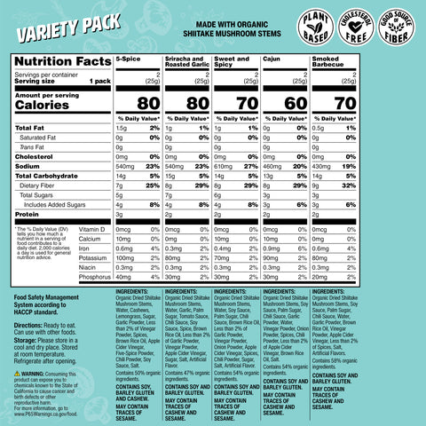 Muskee Musky Mushroom Jerky Variety Pack, Party Mix Box of 10 (2 Each Flavor), 0.88 oz (25g) Packs, Plant-Based Snack