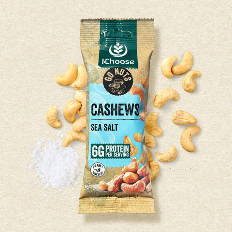 Go Nuts cashews on minimalist white-background hero shot