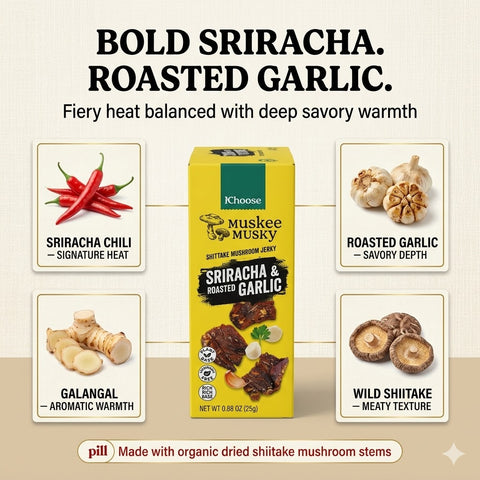 IChoose Muskee Musky Sriracha & Roasted Garlic Shiitake Mushroom Jerky, Vegan Plant-Based Mushroom Snack, Cholesterol Free, Rich in Fiber, Beef Jerky Alternative, 10 Individual Packs, 0.88 oz (25g) Each