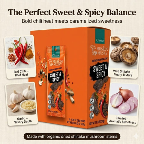 IChoose Muskee Musky Sweet & Spicy Shiitake Mushroom Jerky, Vegan Plant-Based Mushroom Snack, Cholesterol Free, Rich in Fiber, Beef Jerky Alternative, 10 Individual Packs, 0.88 oz (25g) Each