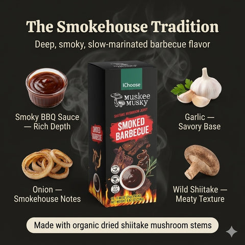 IChoose Muskee Musky Smoked Barbecue Shiitake Mushroom Jerky, Vegan Plant-Based Mushroom Snack, Cholesterol Free, Rich in Fiber, Beef Jerky Alternative, 10 Individual Packs, 0.88 oz (25g) Each