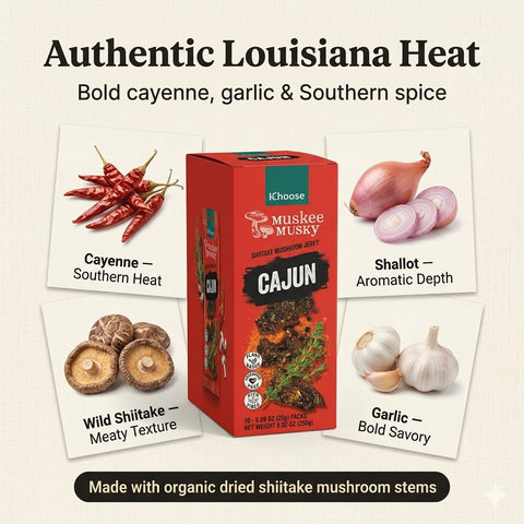 IChoose Muskee Musky Cajun Shiitake Mushroom Jerky, Vegan Plant-Based Mushroom Snack, Cholesterol Free, Rich in Fiber, Beef Jerky Alternative, 10 Individual Packs, 0.88 oz (25g) Each