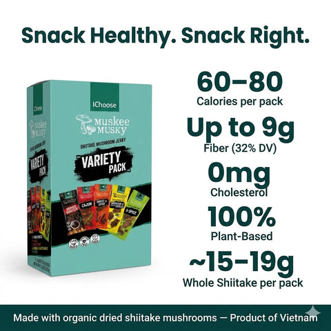IChoose Muskee Musky Shiitake Mushroom Jerky Variety Pack, 5 Flavor Mix, Vegan Plant-Based Mushroom Jerky Snack, Cholesterol Free, Rich in Fiber, 10 Individual Packs, 8.82 oz (250g) Total