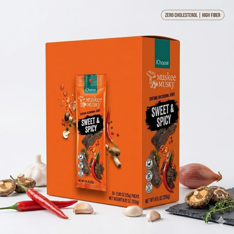 IChoose Muskee Musky Sweet & Spicy Shiitake Mushroom Jerky, Vegan Plant-Based Mushroom Snack, Cholesterol Free, Rich in Fiber, Beef Jerky Alternative, 10 Individual Packs, 0.88 oz (25g) Each