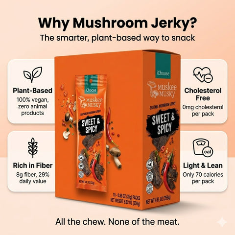 IChoose Muskee Musky Sweet & Spicy Shiitake Mushroom Jerky, Vegan Plant-Based Mushroom Snack, Cholesterol Free, Rich in Fiber, Beef Jerky Alternative, 10 Individual Packs, 0.88 oz (25g) Each