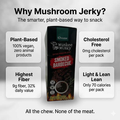 IChoose Muskee Musky Smoked Barbecue Shiitake Mushroom Jerky, Vegan Plant-Based Mushroom Snack, Cholesterol Free, Rich in Fiber, Beef Jerky Alternative, 10 Individual Packs, 0.88 oz (25g) Each
