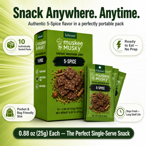 IChoose Muskee Musky 5-Spice Shiitake Mushroom Jerky, Vegan Plant-Based Mushroom Snack, Cholesterol Free, Rich in Fiber, Beef Jerky Alternative, 10 Individual Packs, 0.88 oz (25g) Each