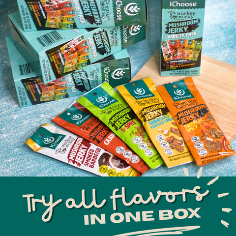 Muskee Musky Mushroom Jerky Variety Pack, Party Mix Box of 10 (2 Each Flavor), 0.88 oz (25g) Packs, Plant-Based Snack