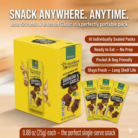 IChoose Muskee Musky Sriracha & Roasted Garlic Shiitake Mushroom Jerky, Vegan Plant-Based Mushroom Snack, Cholesterol Free, Rich in Fiber, Beef Jerky Alternative, 10 Individual Packs, 0.88 oz (25g) Each