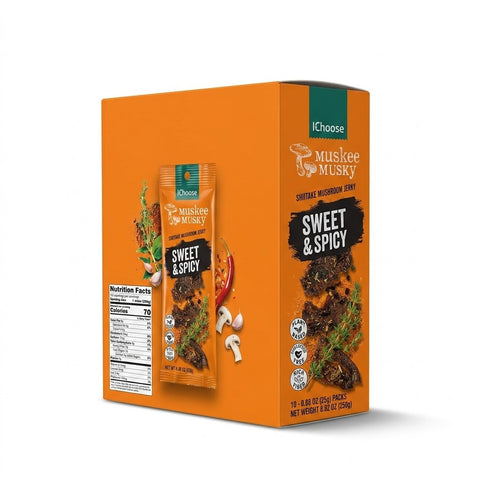 IChoose Muskee Musky Sweet & Spicy Shiitake Mushroom Jerky, Vegan Plant-Based Mushroom Snack, Cholesterol Free, Rich in Fiber, Beef Jerky Alternative, 10 Individual Packs, 0.88 oz (25g) Each