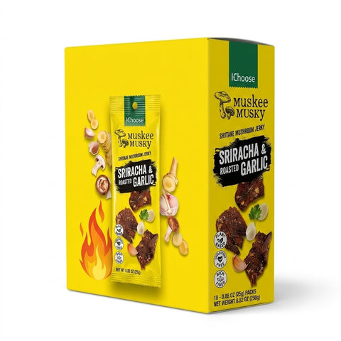 IChoose Muskee Musky Sriracha & Roasted Garlic Shiitake Mushroom Jerky, Vegan Plant-Based Mushroom Snack, Cholesterol Free, Rich in Fiber, Beef Jerky Alternative, 10 Individual Packs, 0.88 oz (25g) Each