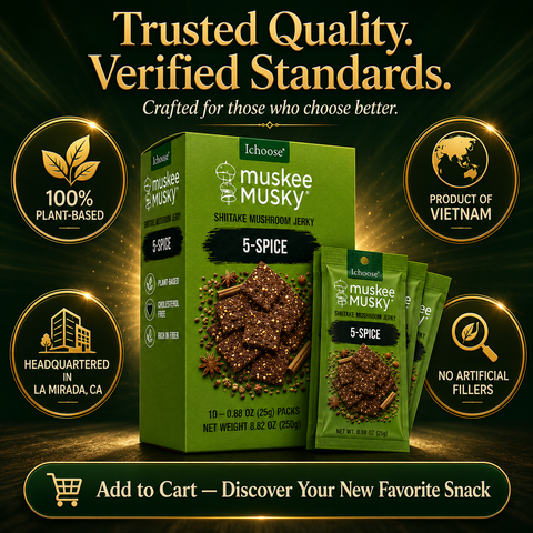 IChoose Muskee Musky 5-Spice Shiitake Mushroom Jerky, Vegan Plant-Based Mushroom Snack, Cholesterol Free, Rich in Fiber, Beef Jerky Alternative, 10 Individual Packs, 0.88 oz (25g) Each