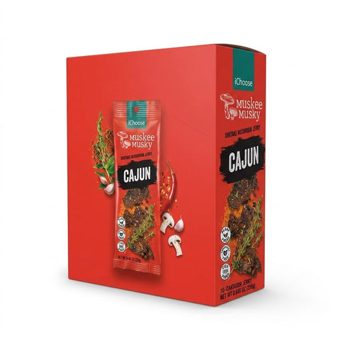 IChoose Muskee Musky Cajun Shiitake Mushroom Jerky, Vegan Plant-Based Mushroom Snack, Cholesterol Free, Rich in Fiber, Beef Jerky Alternative, 10 Individual Packs, 0.88 oz (25g) Each