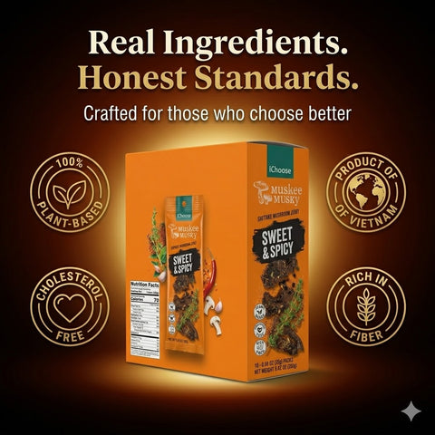 IChoose Muskee Musky Sweet & Spicy Shiitake Mushroom Jerky, Vegan Plant-Based Mushroom Snack, Cholesterol Free, Rich in Fiber, Beef Jerky Alternative, 10 Individual Packs, 0.88 oz (25g) Each