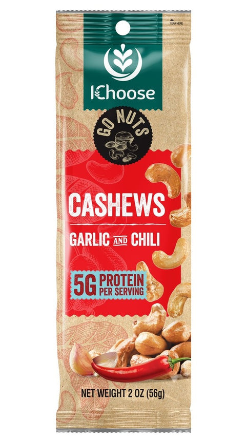 IChoose's Go Nuts – Garlic and Chili Cashews, High Protein Snack, 56g