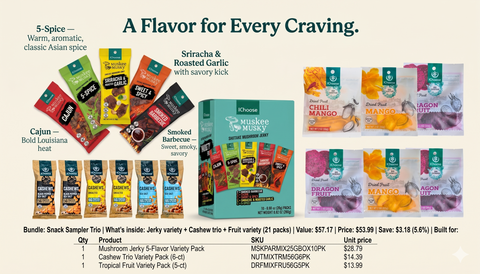 The Snack Sampler Trio — Jerky + Cashews + Dried Fruit Variety Box