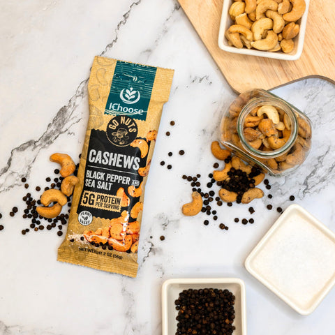IChoose Go Nuts – Black Pepper & Sea Salt Roasted Cashews, Whole Premium Cashews, Plant-Based Protein Snack Packs, 2oz Individual Packs (5 Count)
