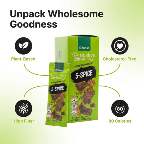 IChoose 5-Spice Mushroom Jerky — vegan shiitake jerky 10-pack, five-spice seasoned plant-based snack
