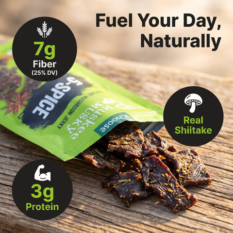 IChoose 5-Spice Mushroom Jerky — chewy vegan shiitake jerky, cholesterol-free beef jerky alternative