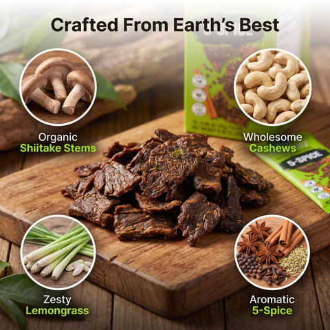 IChoose 5-Spice Mushroom Jerky nutrition and ingredients — vegan shiitake mushroom, high-fiber snack