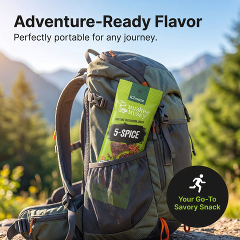 IChoose 5-Spice Mushroom Jerky — 10 individual packs in one box, vegan travel and office snack