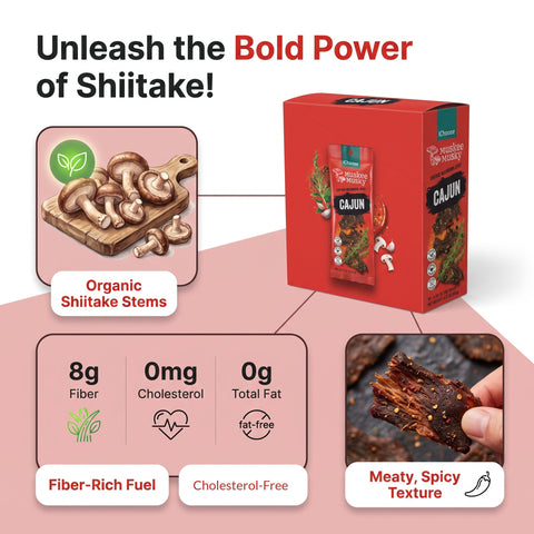 IChoose Cajun Mushroom Jerky — single 25g grab-and-go pack, smoky-spicy vegan snack