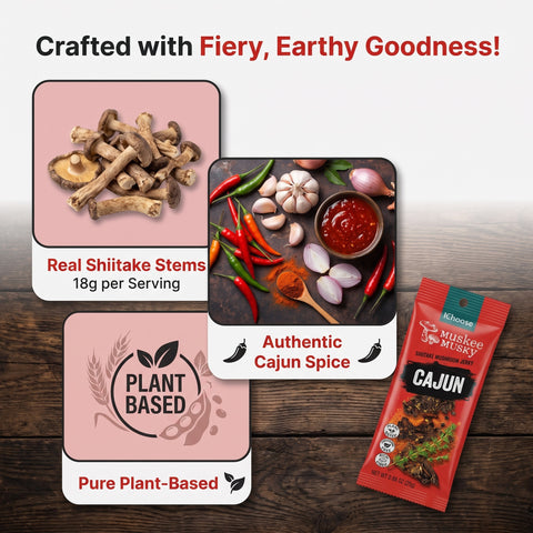 IChoose Cajun Mushroom Jerky — chewy shiitake texture close-up, plant-based jerky