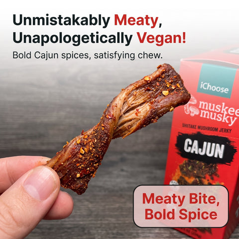 IChoose Cajun Mushroom Jerky lifestyle — smoky-spicy vegan jerky for hiking and road trips