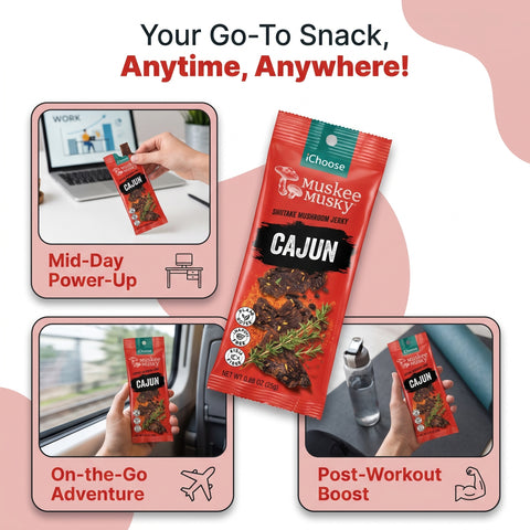 IChoose Cajun Mushroom Jerky — vegan shiitake jerky 10-pack, cholesterol-free snack