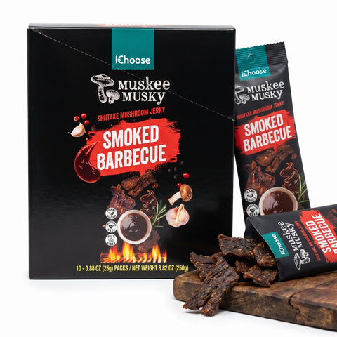 IChoose Smoked BBQ Mushroom Jerky 10-pack box — vegan shiitake jerky with smoky barbecue glaze